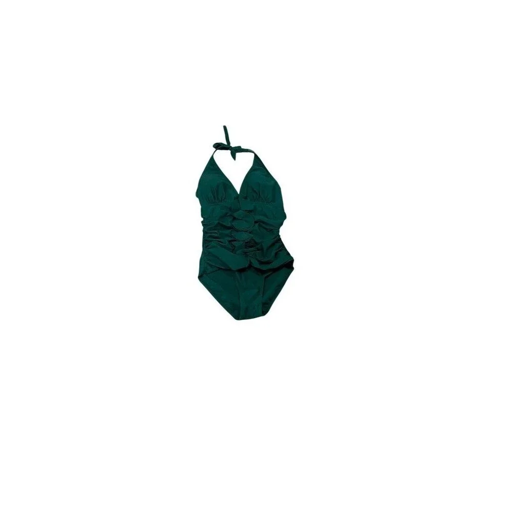 Shore Shapes Women's Size 8 Swimwear Green Ruffle Ruched One Piece Swimsuit